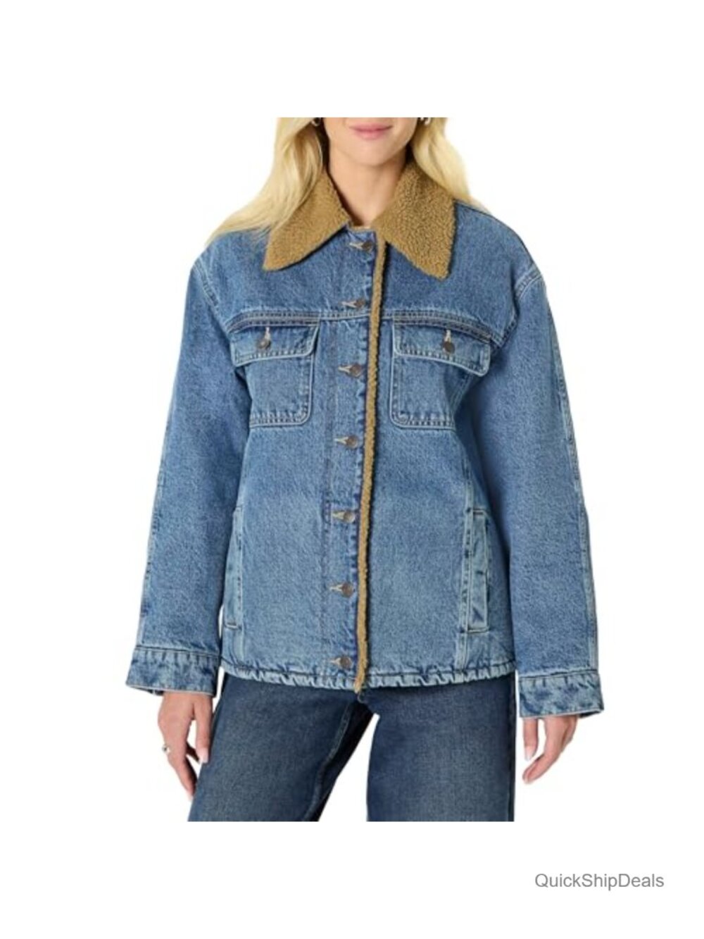 Oversized-Fit Denim Jacket Faux Shearling Collar Lining Heavyweight